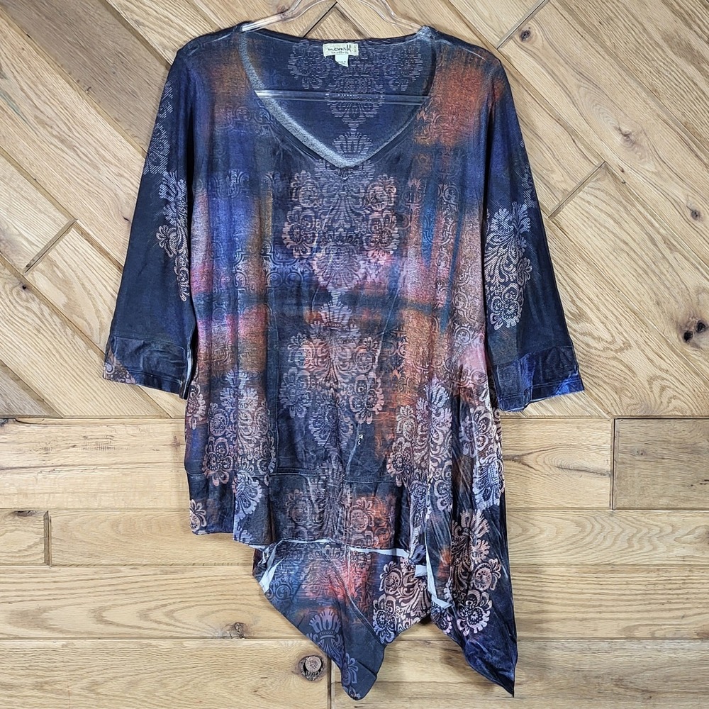 One World Tunic Top Womens Large Asymmetrical Hem V-Neck Medallion Print Multi